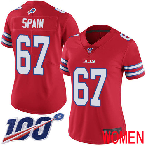 Women Buffalo Bills 67 Quinton Spain Limited Red Rush Vapor Untouchable 100th Season NFL Jersey